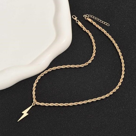 Gold Rope Chain Necklace with Lightning Bolt Pendant – Trendy Statement Jewelry - Picture 3 of 5
